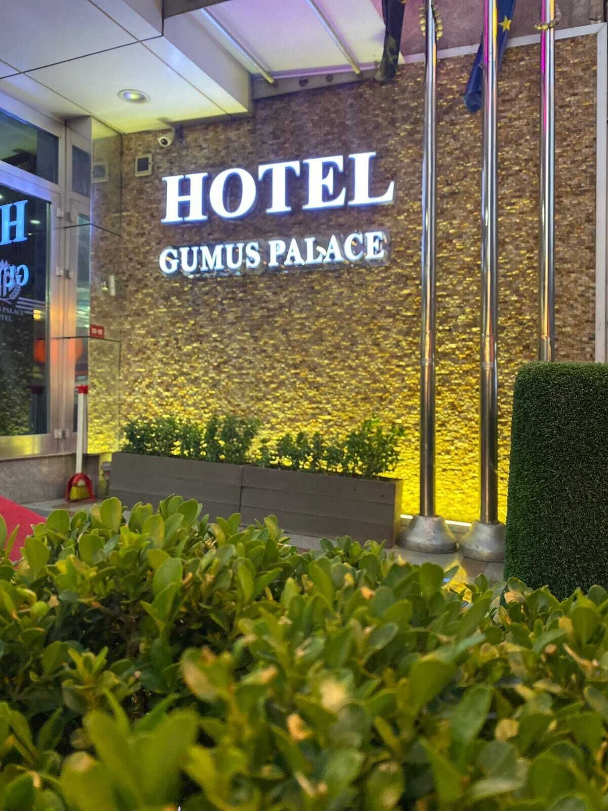 The exterior of Gumus Palace Hotel with a signboard, a decorative wall, and some greenery in the foreground.