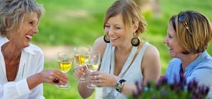 Three people toasting with wine glasses in an outdoor setting. - Gasthof Blume (Oppenau)