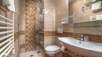 Shower, hair dryer, bathrobes, towels
