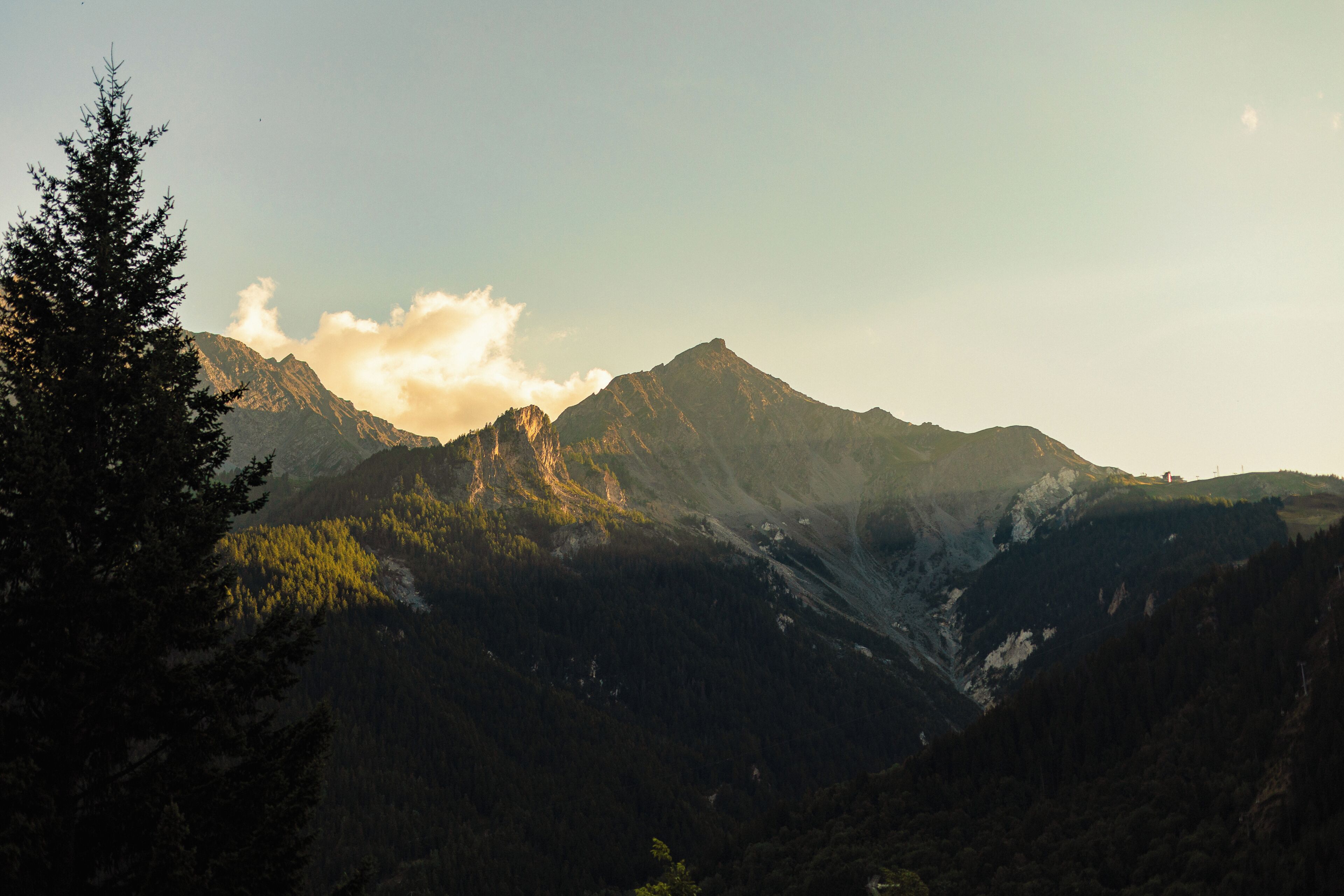 A mountainous landscape with a prominent peak, dense forest, and a clear sky.