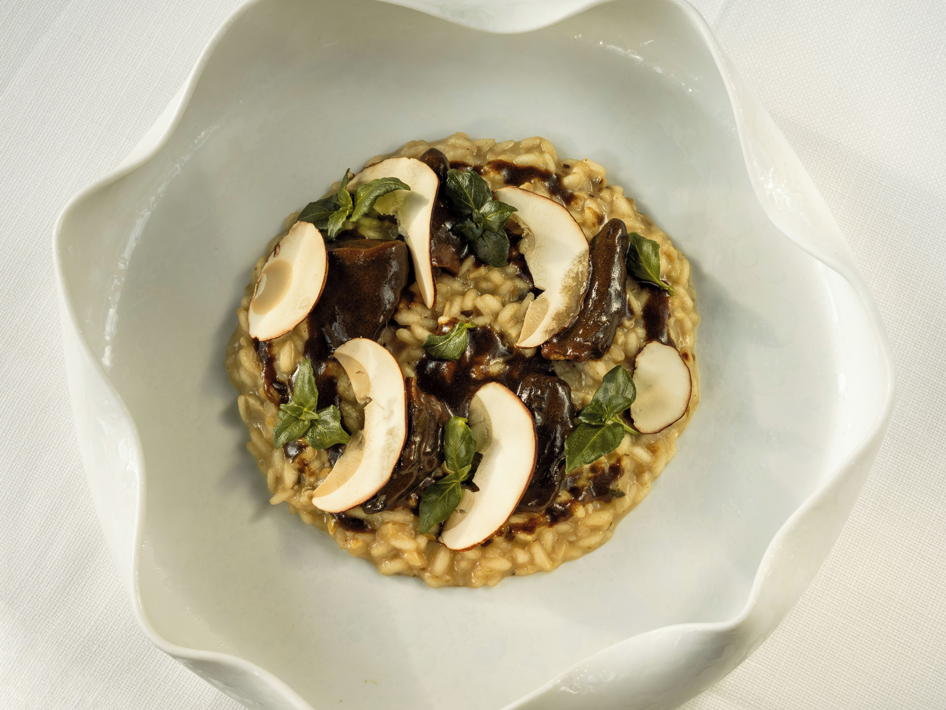 A white plate with a dish of risotto topped with mushrooms and herbs.