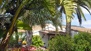 A garden with palm trees, a white building with a tiled roof, and a metal table with chairs. - Finca El Picacho (San Cristóbal de La Laguna)