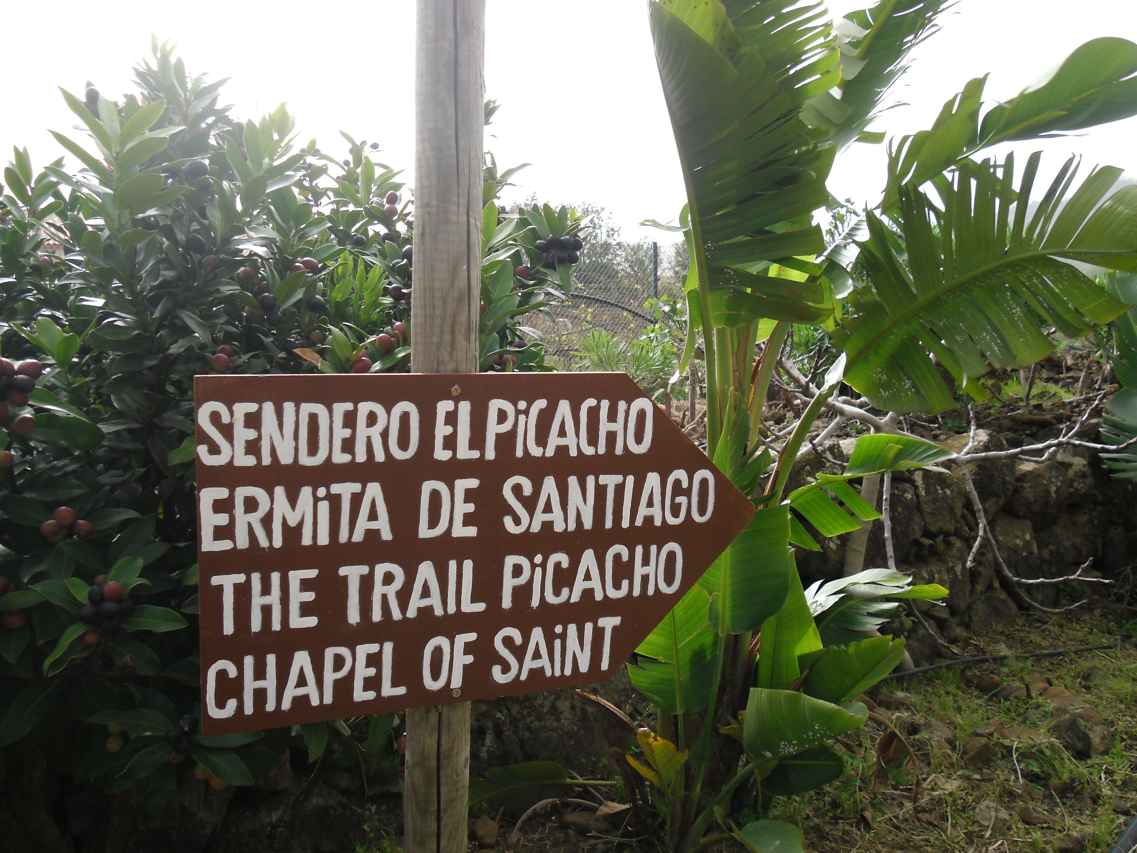 A sign with text in Spanish and English, surrounded by lush greenery and a stone wall.