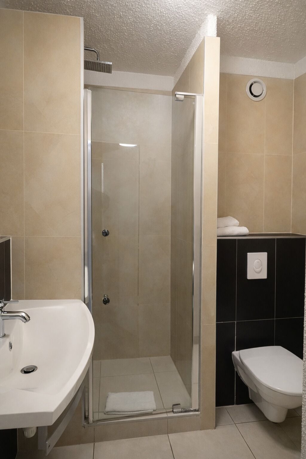 Un baño con ducha, lavamanos, inodoro y un perchero para toallas.