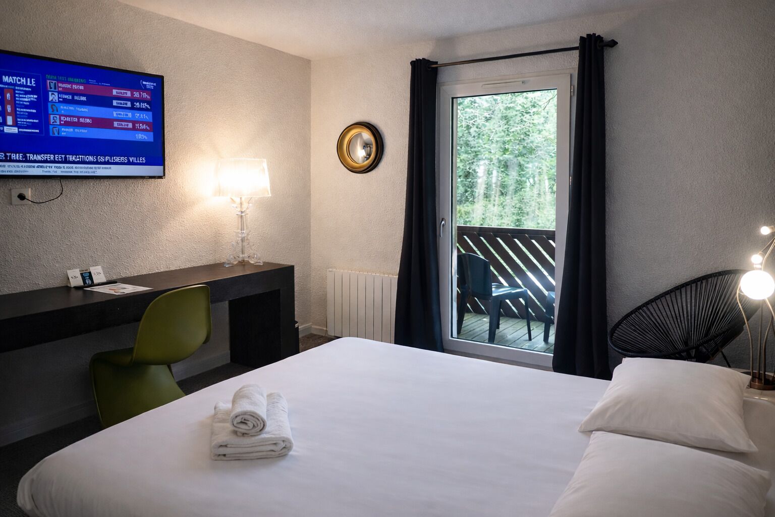 Una habitación de hotel con una cama, un escritorio y una silla, un televisor mostrando información, una ventana con cortinas y vistas a árboles.