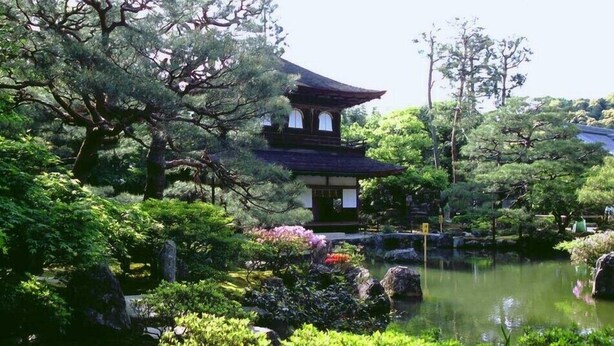 A traditional Japanese building with a tiled roof, surrounded by lush greenery and a pond.