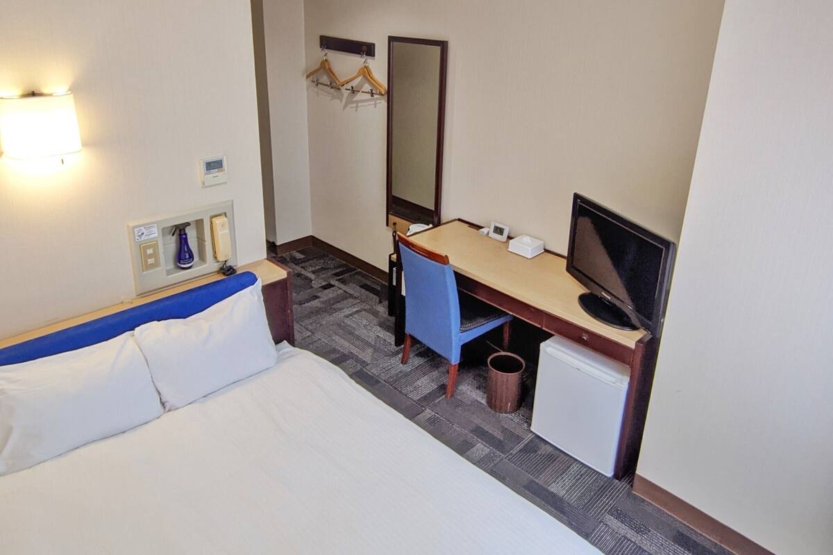A hotel room with a bed, desk, chair, TV, and a mirror.
