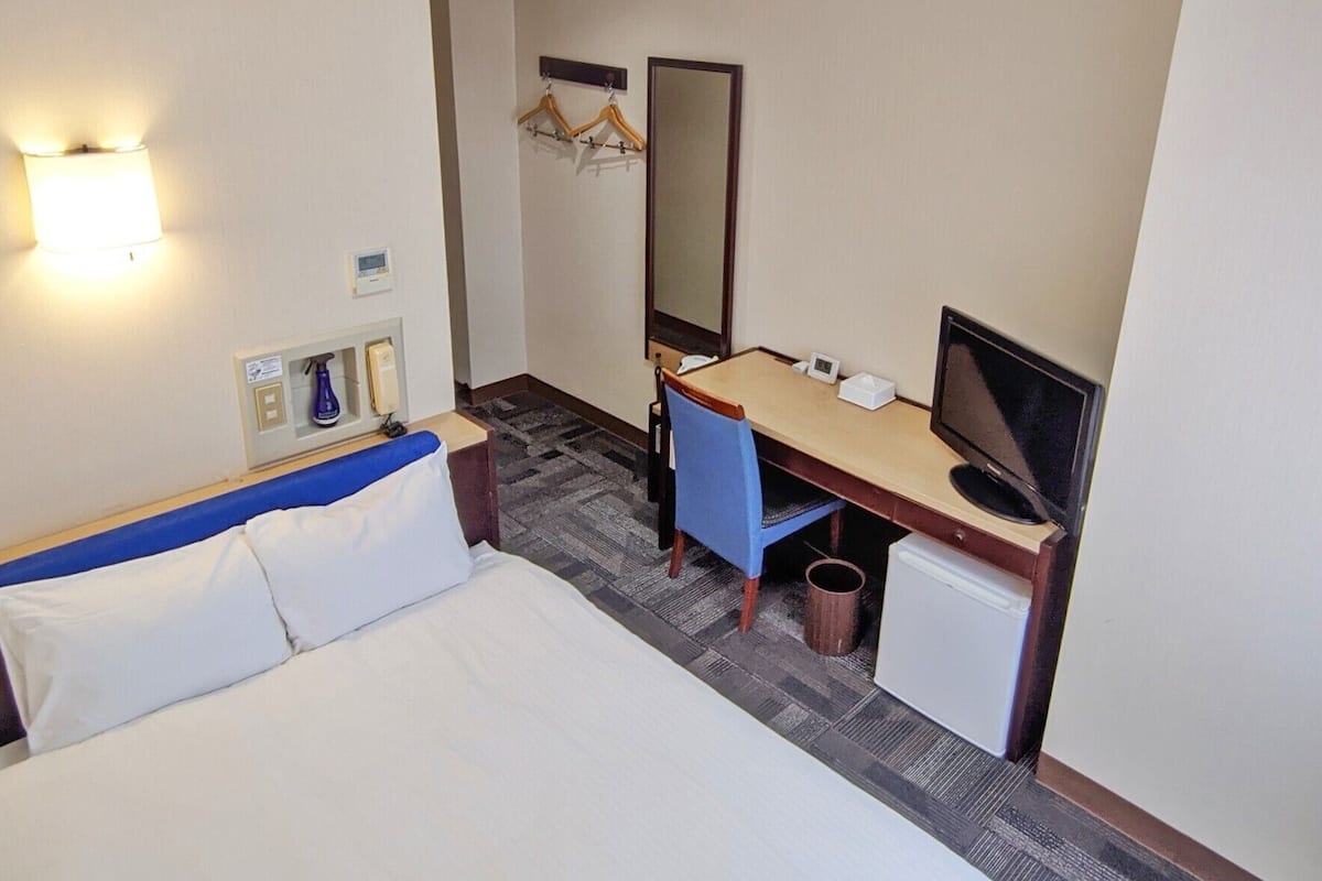 A hotel room with a bed, desk, chair, TV, mirror, and a small trash bin.
