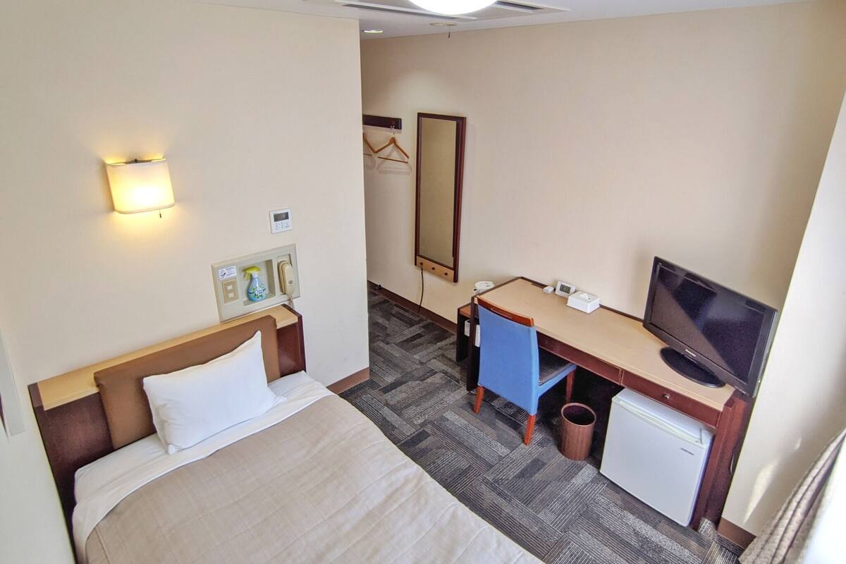 A hotel room with a bed, desk, chair, television, and a mirror.