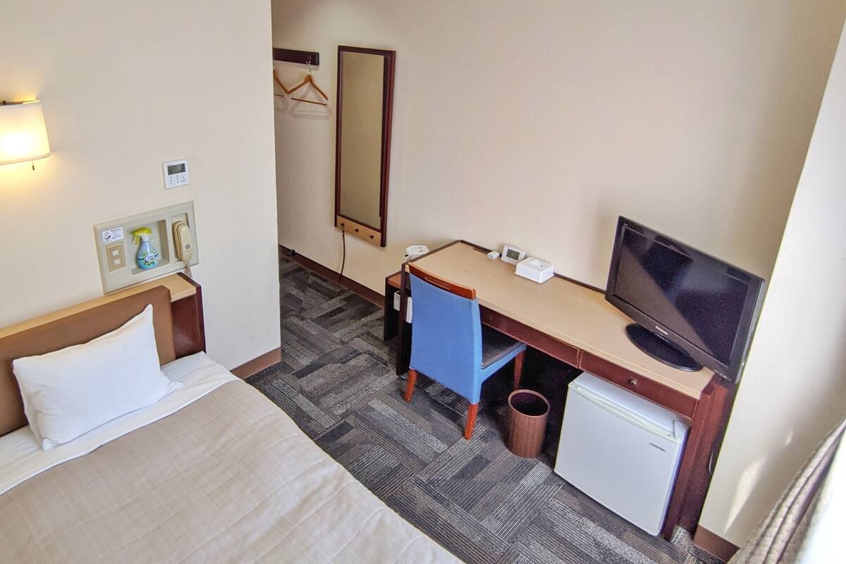 A hotel room with a bed, desk, TV, and a mirror.