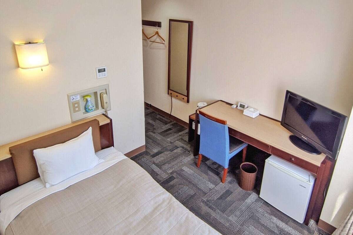 A hotel room with a bed, a desk with a computer, a television, and a mirror.