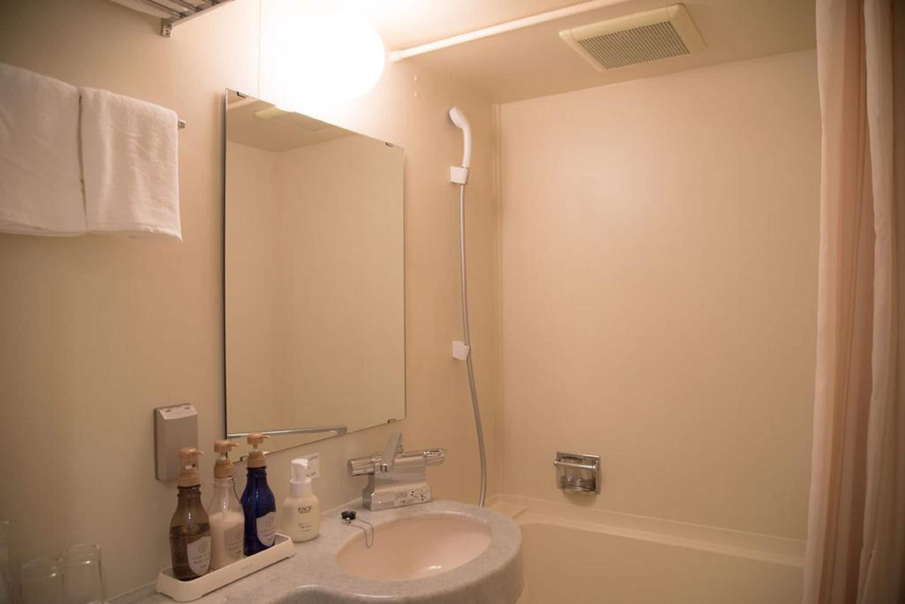 combined shower/bathtub, free toiletries, hair dryer, slippers
