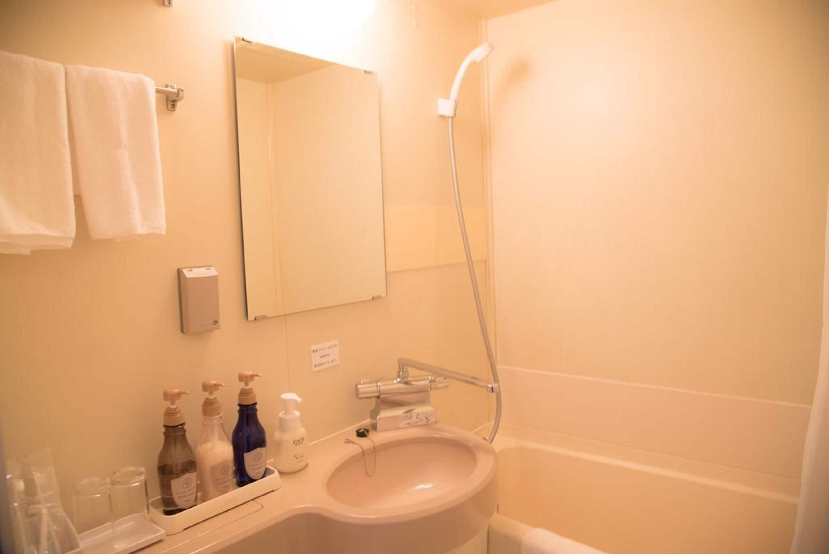 combined shower/bathtub, free toiletries, hair dryer, slippers