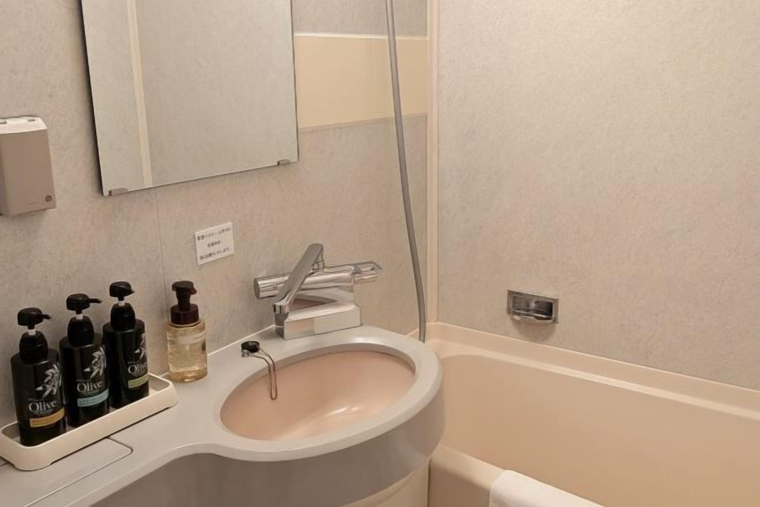 Combined shower/tub, free toiletries, hair dryer, slippers