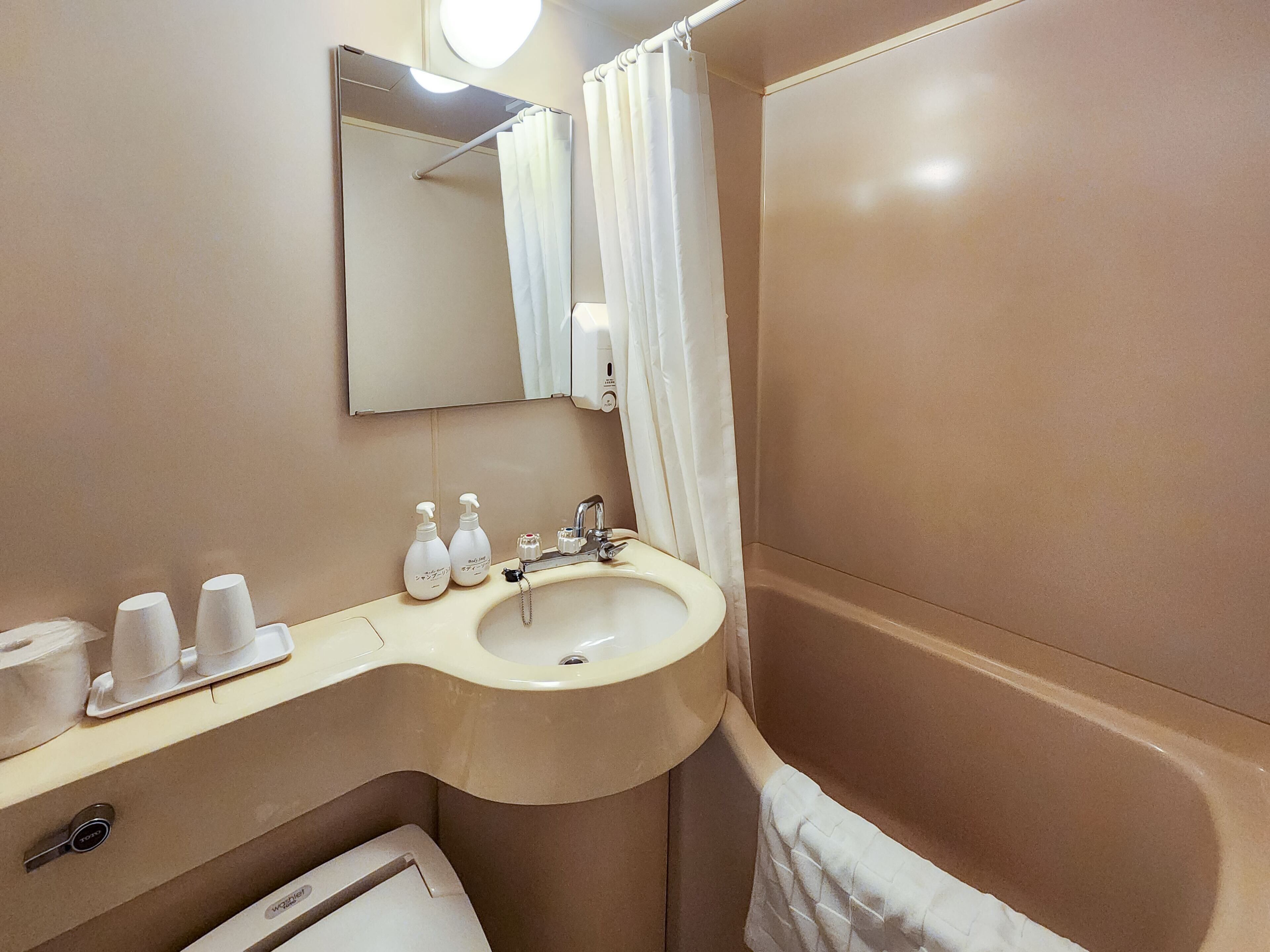 A bathroom with a sink, mirror, and shower curtain.