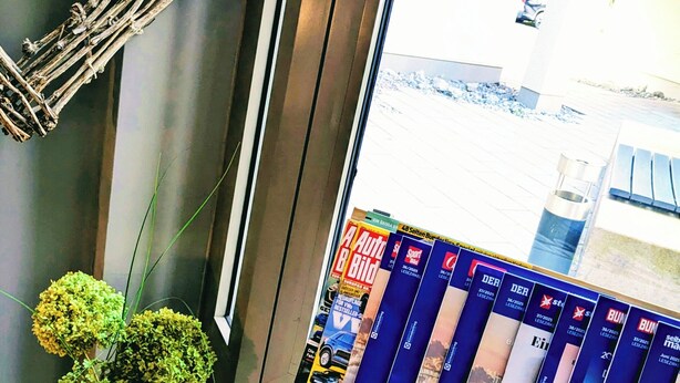 A bookshelf with magazines, a heart-shaped decoration, and a small potted plant. - Hotel Herian (Vaterstetten)