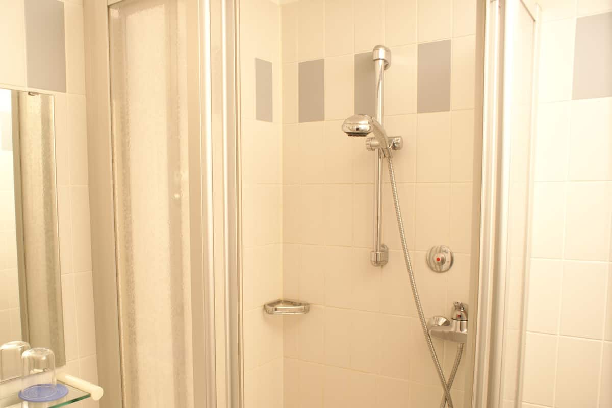 shower, free toiletries, hair dryer, towels