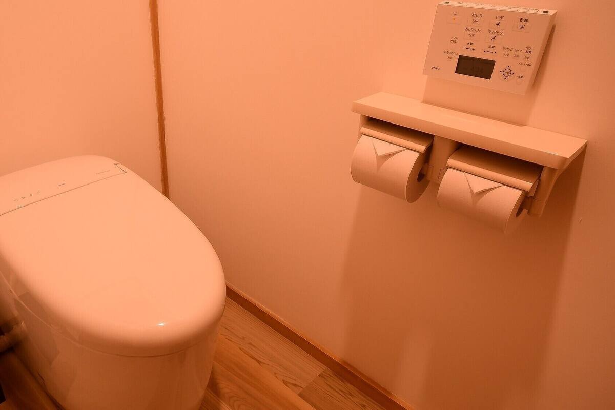A toilet with a wall-mounted toilet paper holder and a visible pipe.