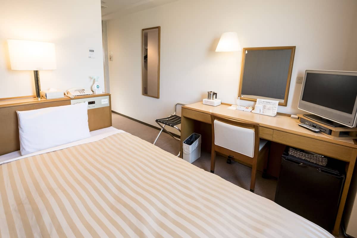 A hotel room with a bed, desk, chair, and a television.
