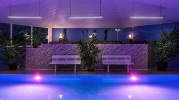 Indoor pool, outdoor pool, pool umbrellas, sun loungers