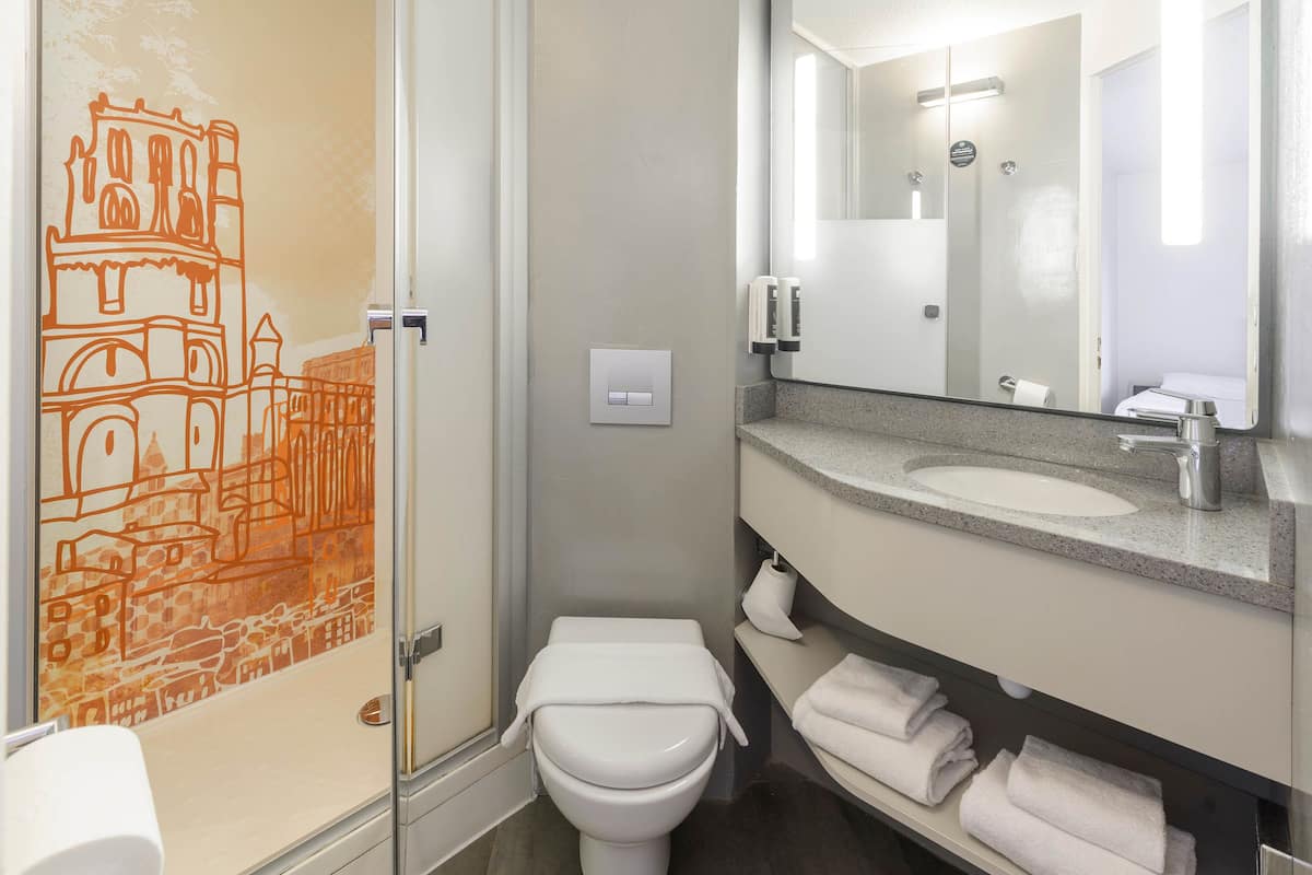 shower, free toiletries, hair dryer, towels