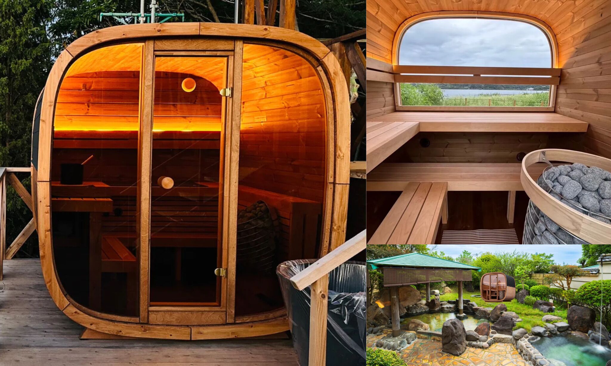 Een houten hut met een groot rond raam, een sauna en een kleine tuin met een warmwaterbron.