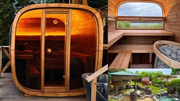Een houten hut met een groot rond raam, een sauna en een kleine tuin met een warmwaterbron.