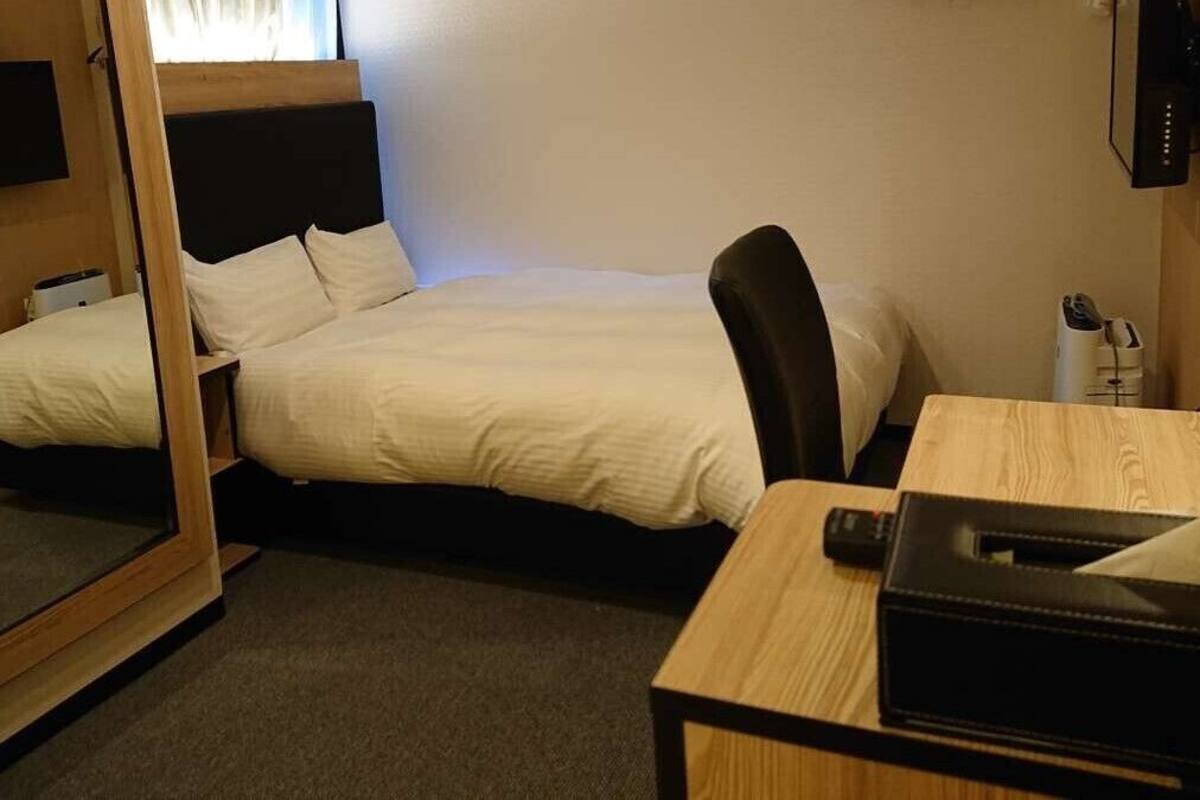A hotel room with a bed, a desk, a chair, a TV, and a mirror.