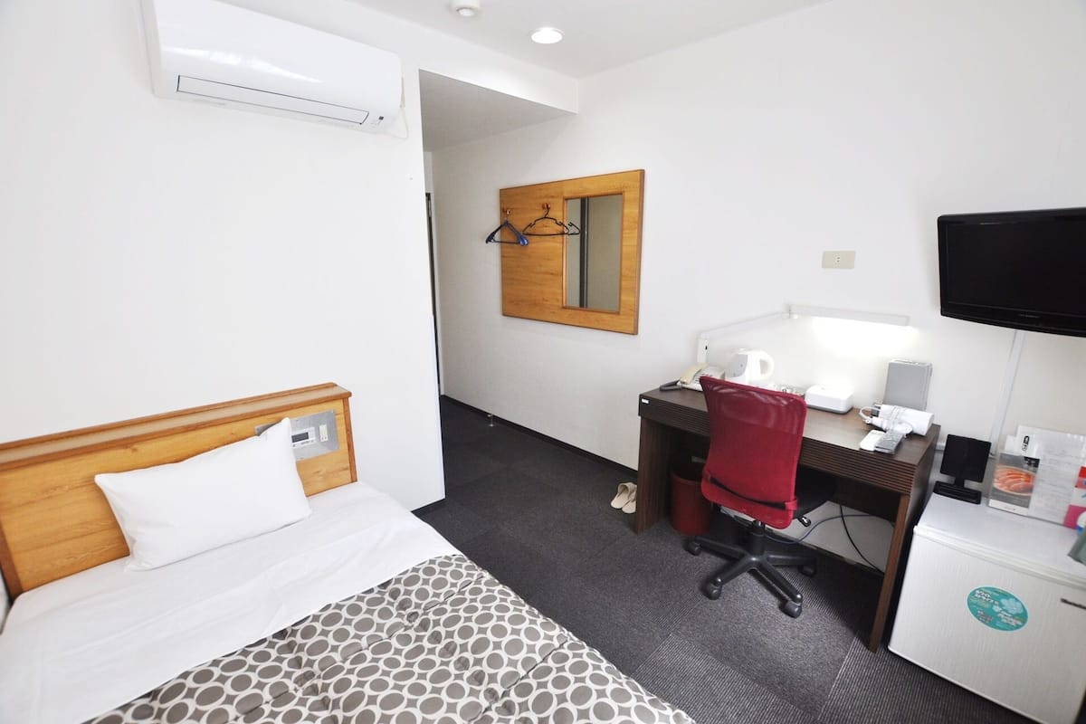 Hotelkamer met een bed, een bureau met stoel, een spiegel, een televisie en een kleine koelkast.