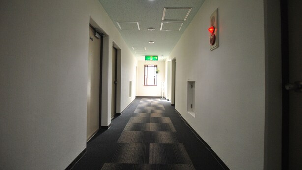 A hallway with a checkered carpet, white walls, and doors on both sides. - Futsukaichi Green Hotel (Chikushino)