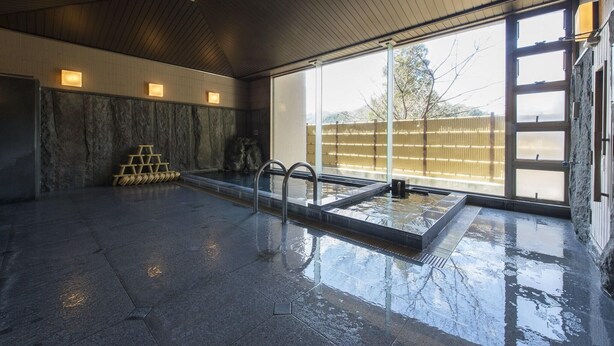 Area piscina interna moderna con parete in pietra, soffitto in legno e un'ampia finestra.