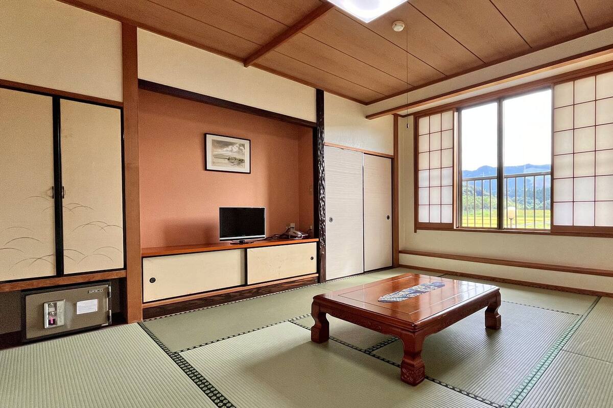 Een traditionele Japanse kamer met tatami vloerbedekking, een televisie, een schuifdeur en een raam met uitzicht op een landschap.