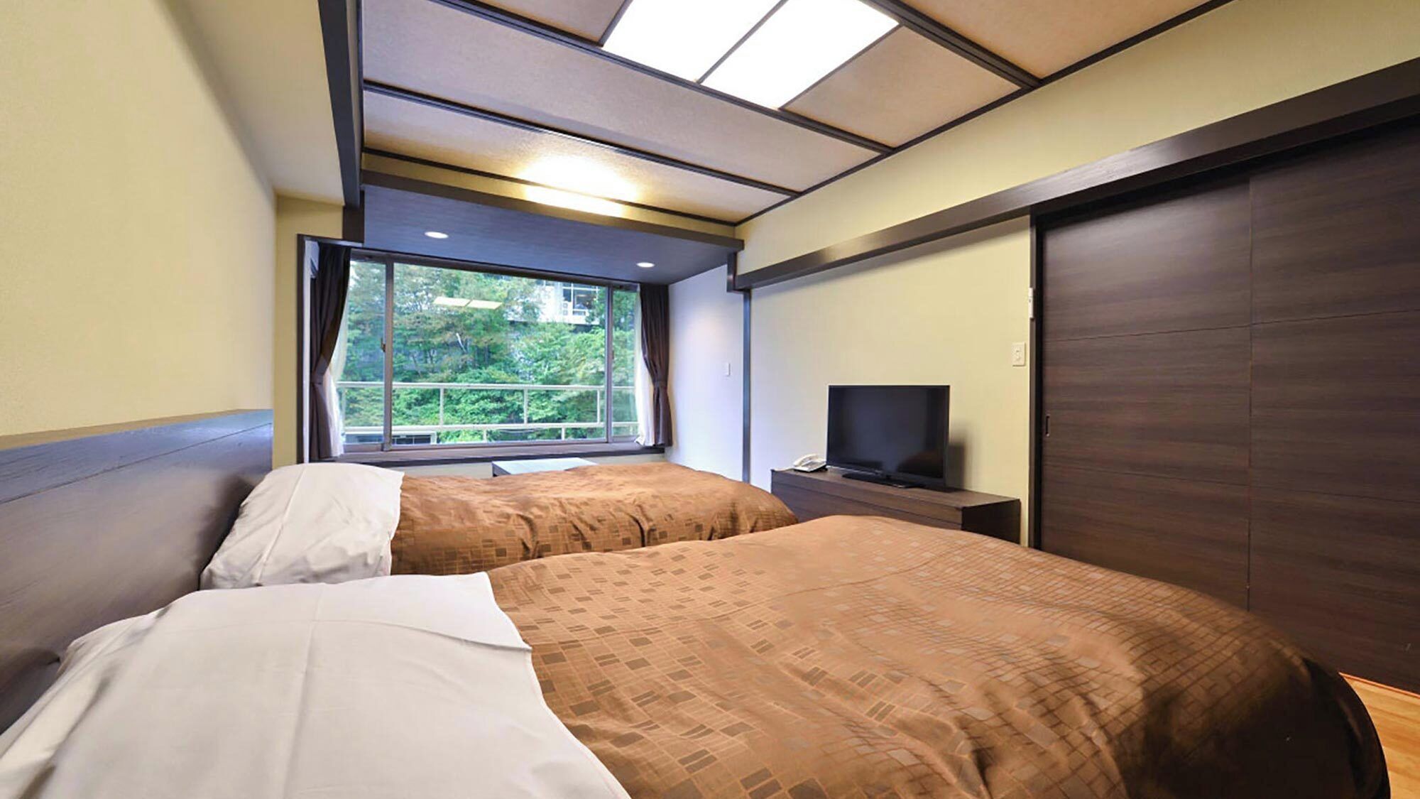 Habitación de hotel con dos camas, televisión, ventana con vistas a zonas verdes y puerta corredera.