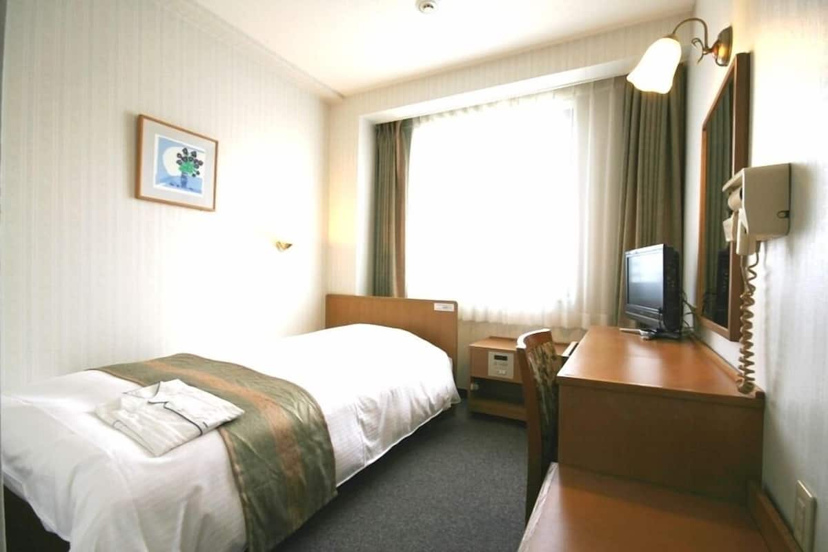 A hotel room with a bed, a desk, a television, and a window with curtains.