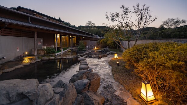 A traditional Japanese-style building with a koi pond, stone pathway, and lanterns. - Fontana No Oka Kamo (Aira)