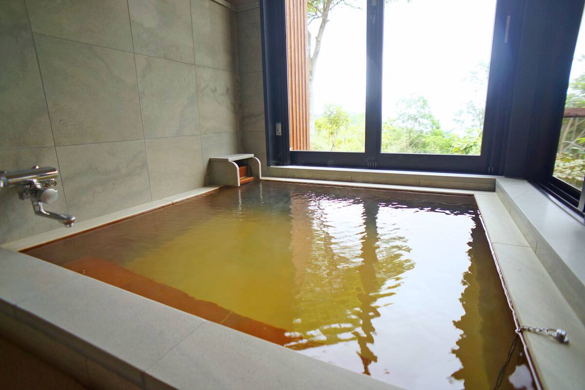 A large bathtub with a view of greenery outside.