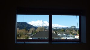 A window with a view of a snow-capped mountain and residential buildings. - Canoe Safaris Lodge (Ohakune)