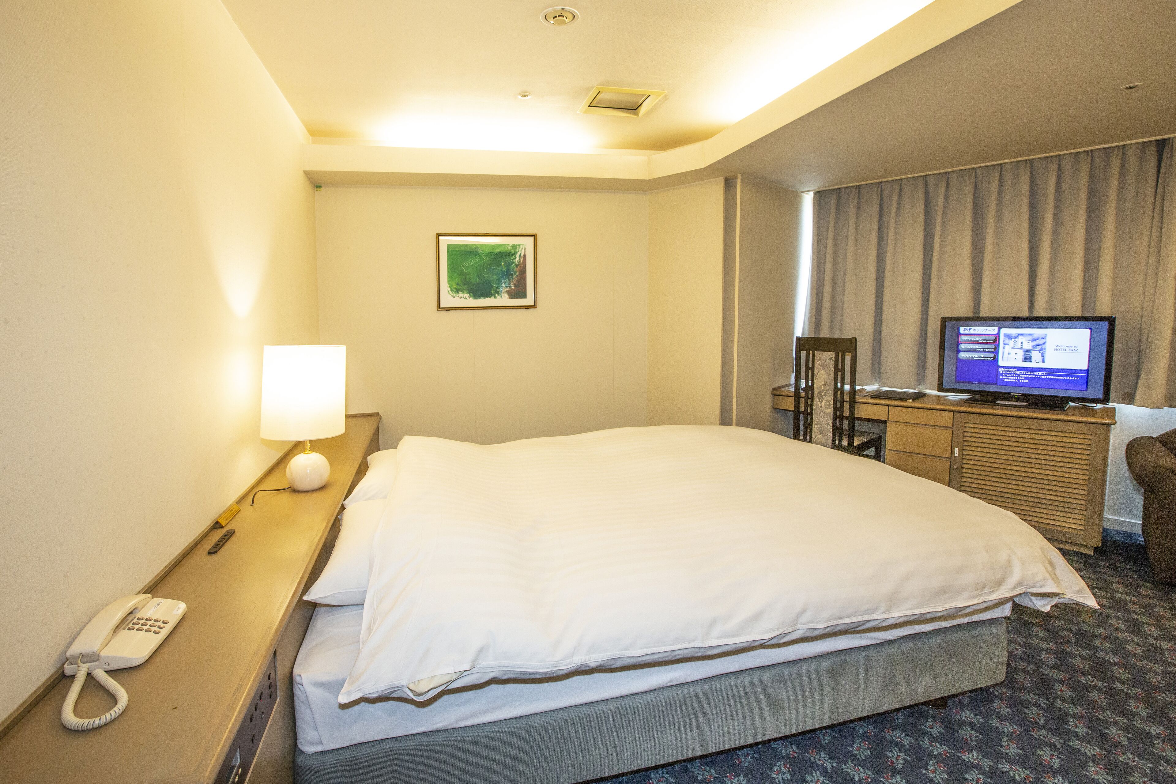 desk, laptop workspace, blackout curtains, iron/ironing board