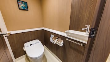 Combined shower/tub, free toiletries, hair dryer, slippers