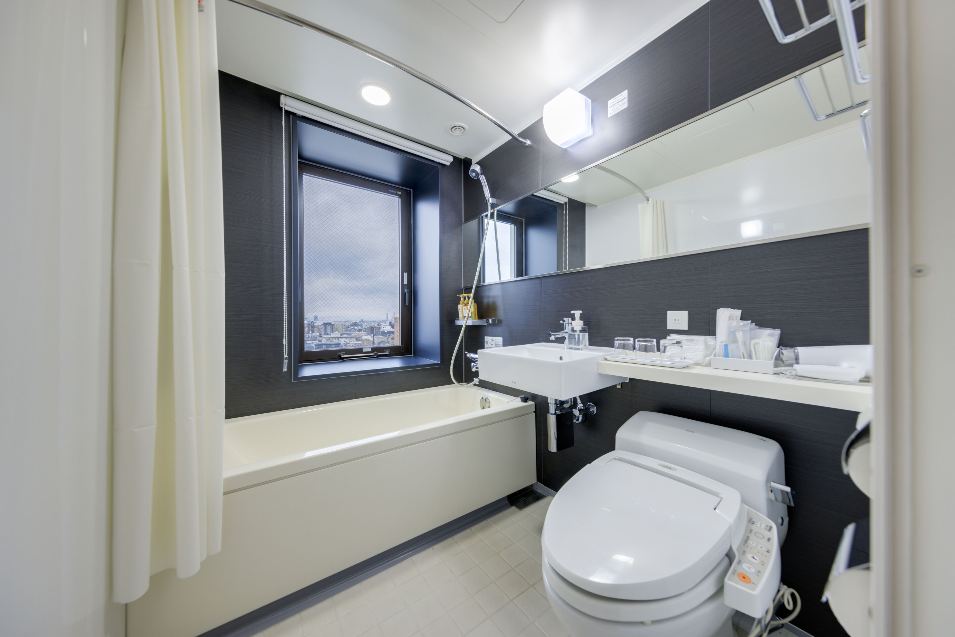 combined shower/bathtub, free toiletries, hair dryer, slippers