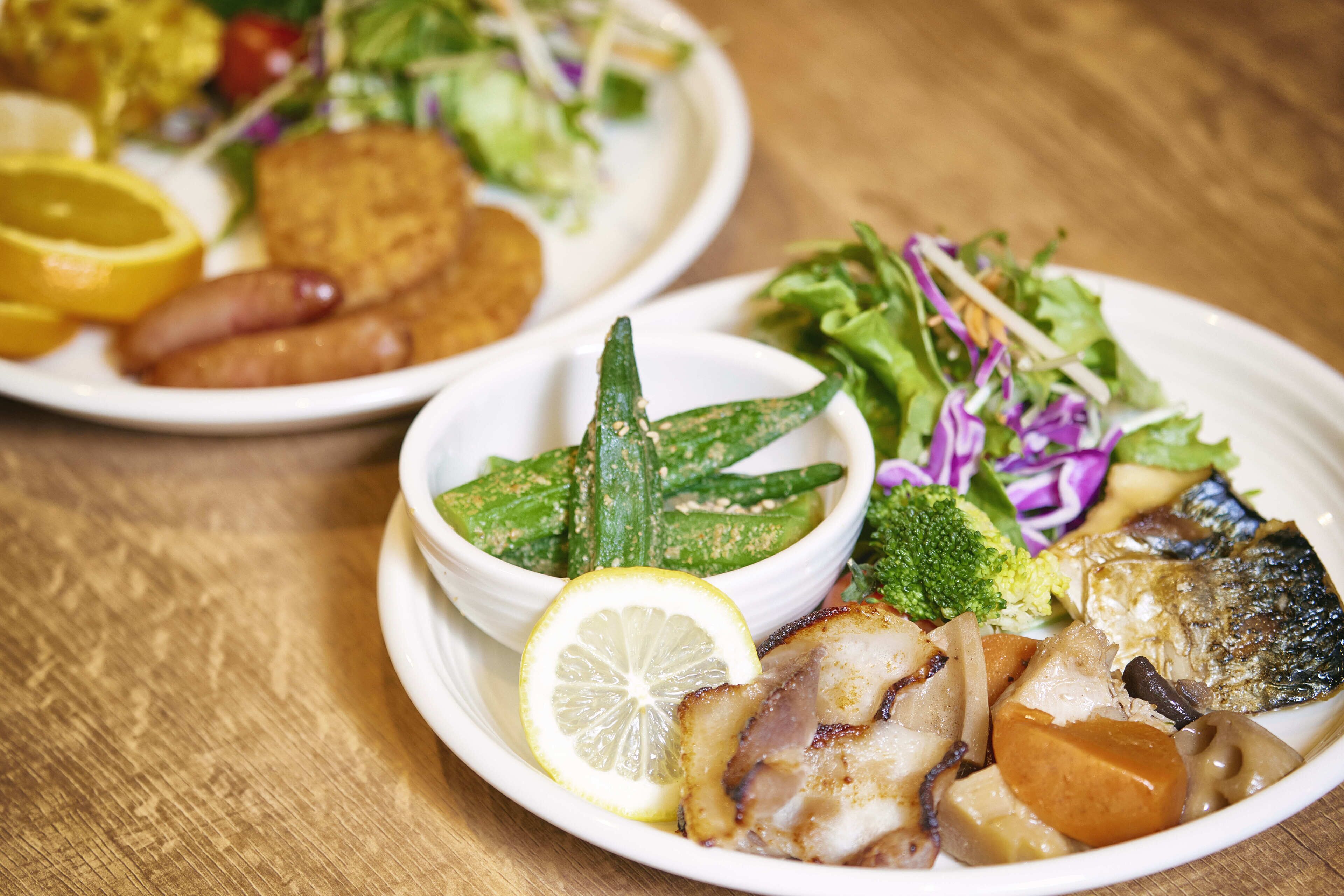 A plate of food with various dishes including grilled meat, vegetables, and a side salad.