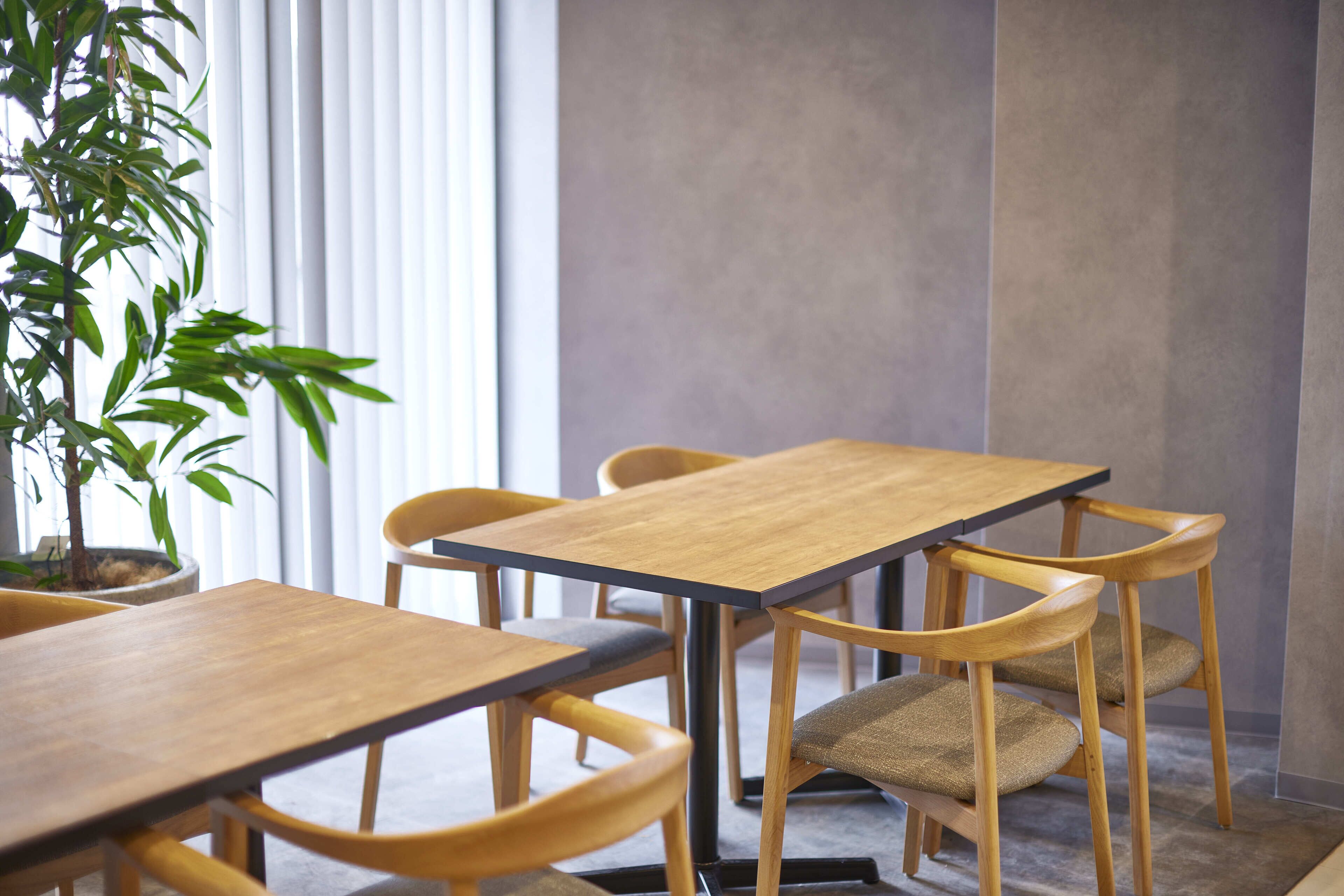 A conference room with a wooden table and chairs, a potted plant, and a window with blinds.