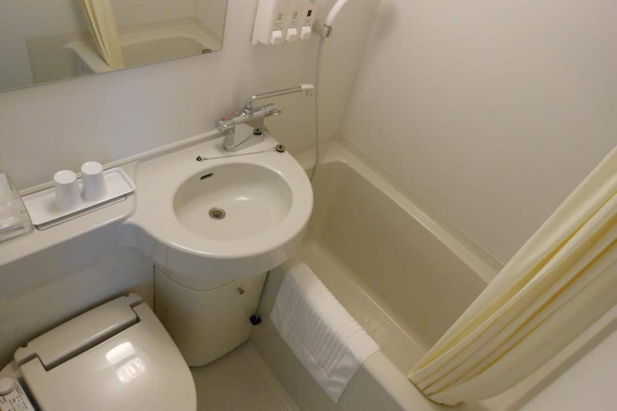 combined shower/bathtub, free toiletries, hair dryer, slippers