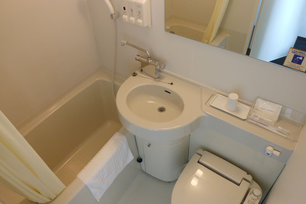 combined shower/bathtub, free toiletries, hair dryer, slippers