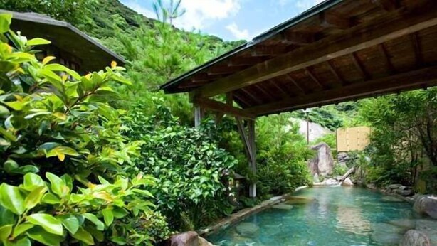 A clear water stream surrounded by lush greenery and a wooden structure. - Yume-hotaru (Amakusa)