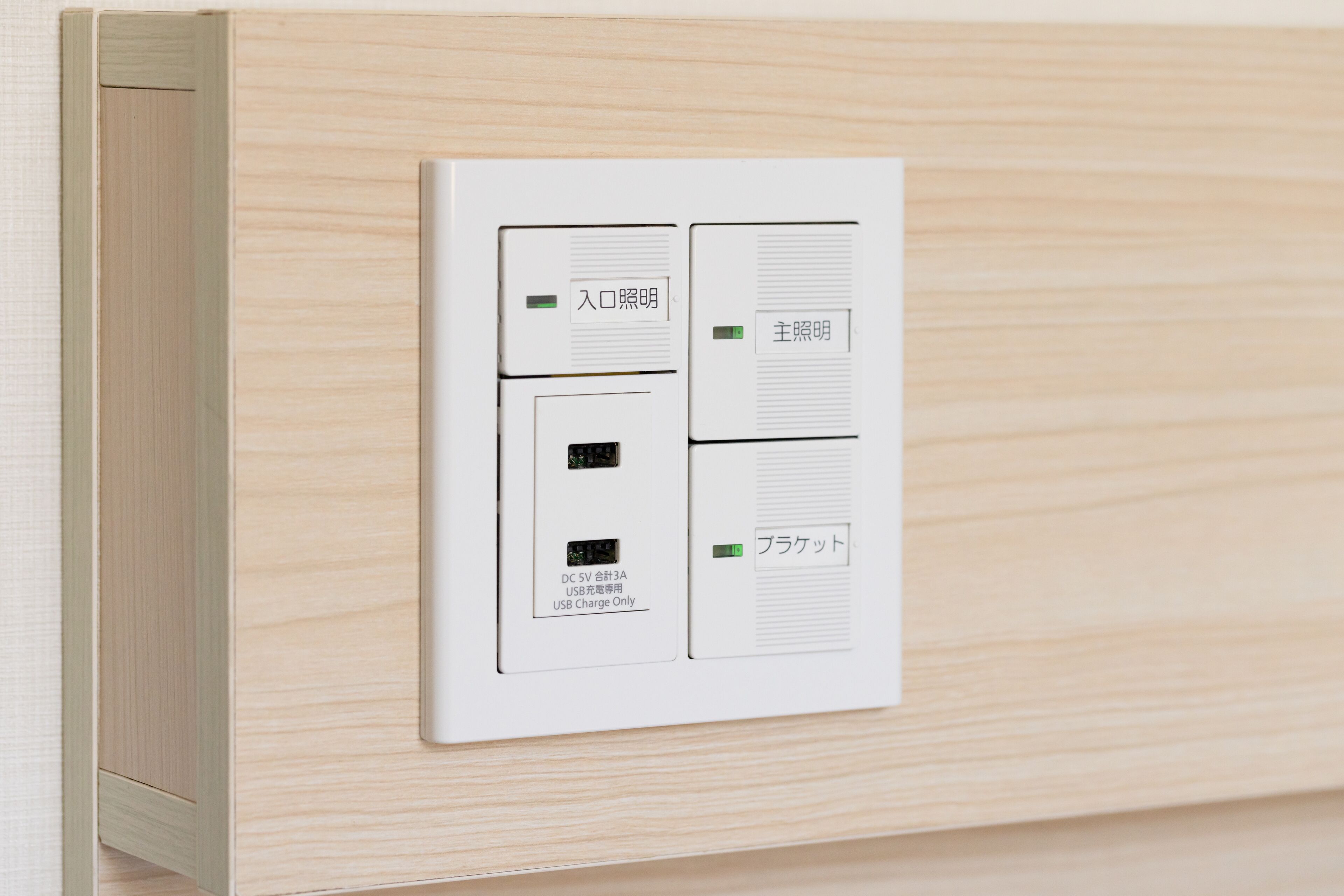 Eine wandmontierte Bedienkonsole mit mehreren Schaltern und Anzeigen, einschließlich eines USB-Ladeanschlusses.