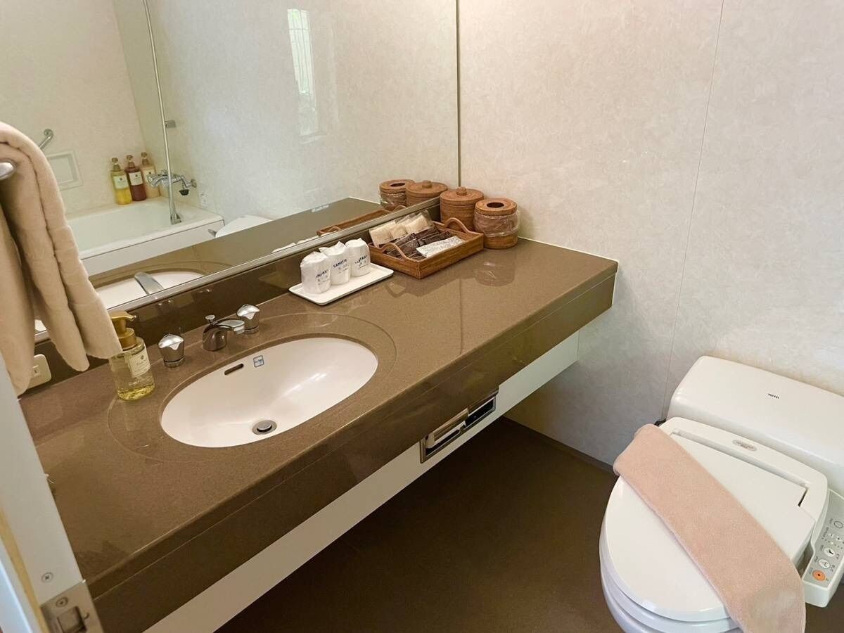 Un bany amb un lavabo, un mirall, productes de tocador i un vàter.