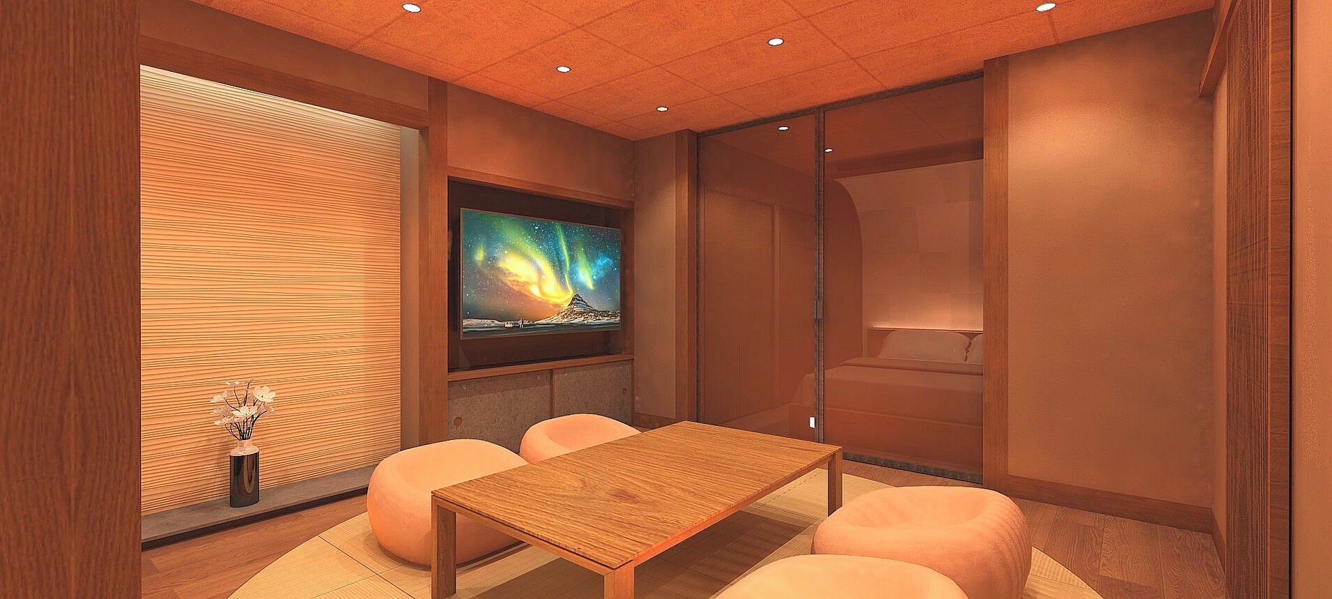 Ein modernes Zimmer mit Holztisch, gepolsterten Sitzgelegenheiten, einem Fernseher und einer Schiebetür.