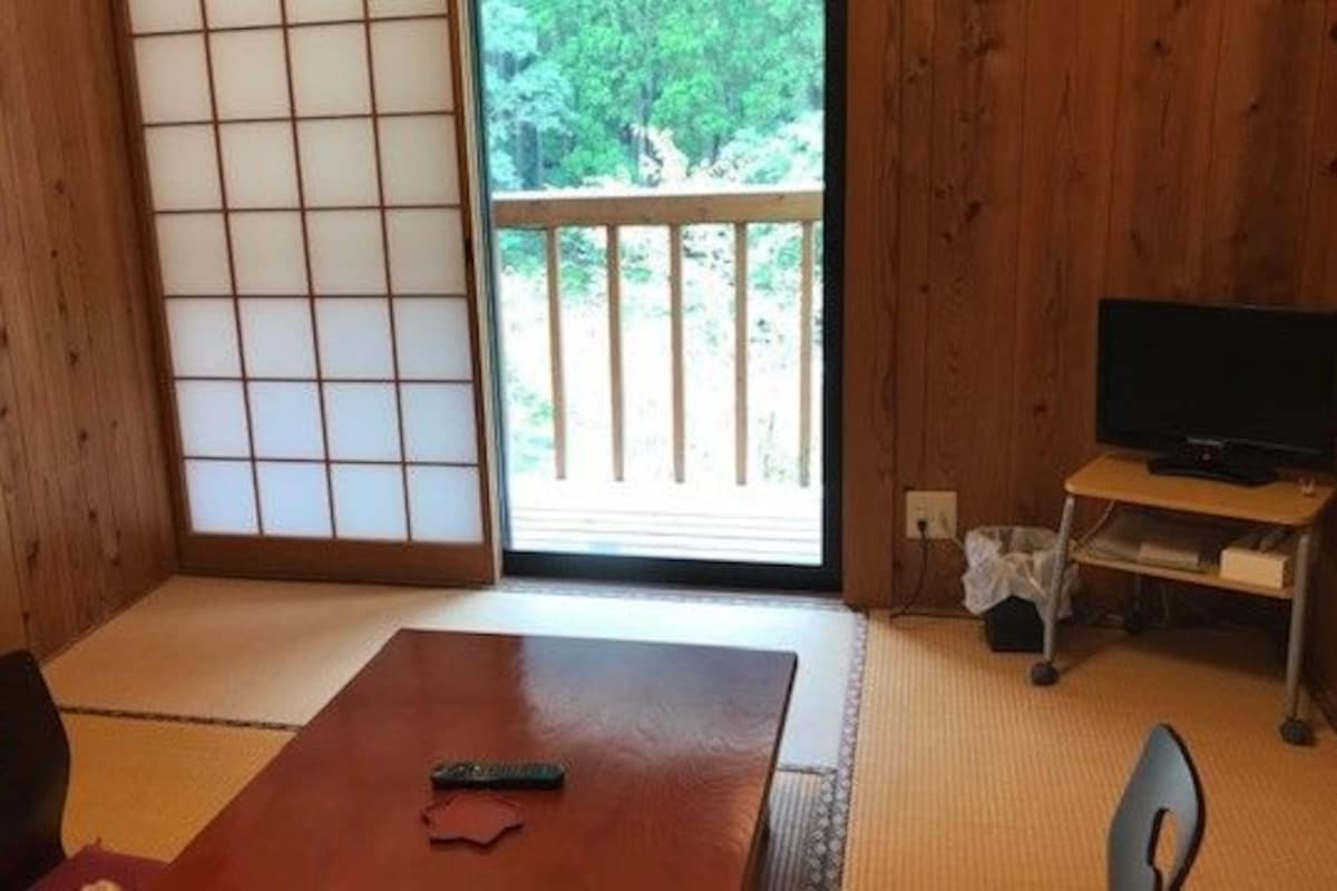 Una habitación con suelo de tatami, una puerta corredera estilo shoji, un televisor sobre un pedestal y vistas a un balcón con árboles.