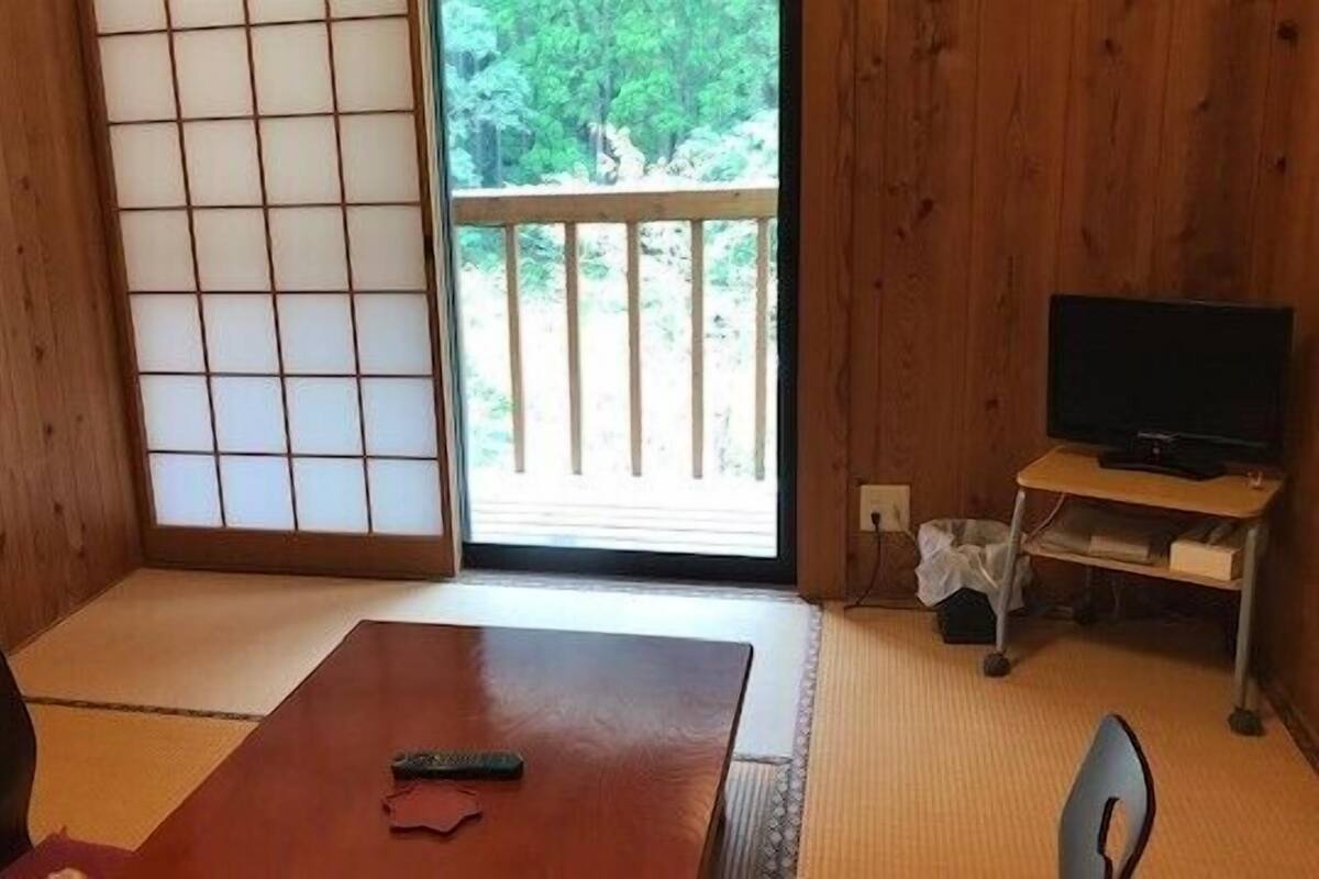 A room with tatami flooring, a sliding shoji screen, a TV on a stand, and a view of a balcony with trees.